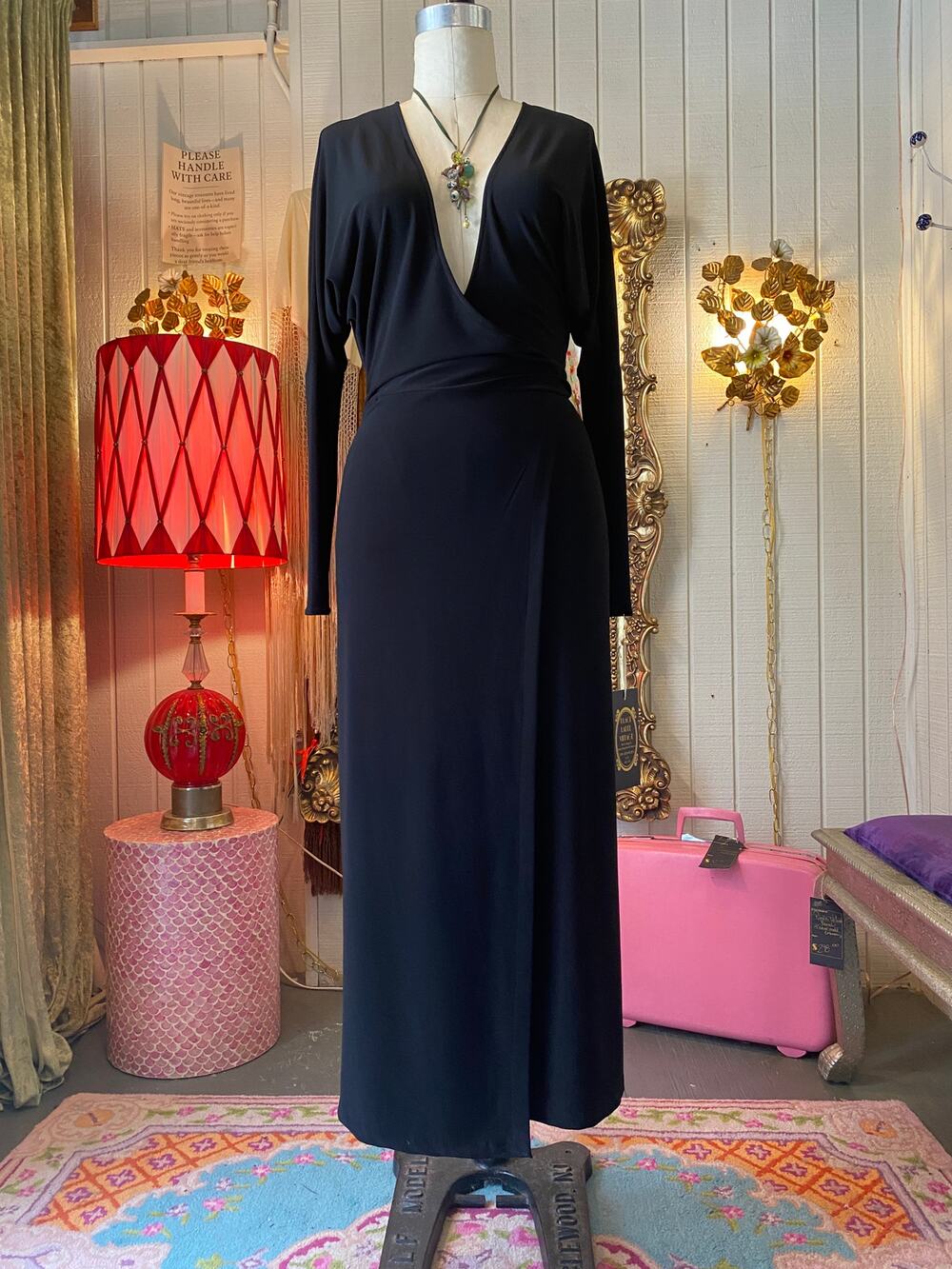 Norma Kamali black stretch wrap dress, dolman sleeves, plunging neck, classic xs